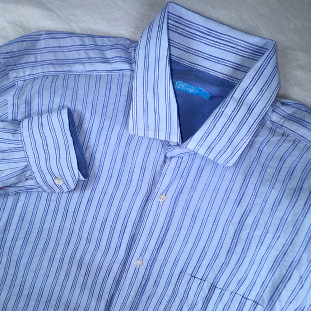 J.McLaughlin Button Down Shirt Mens Large Blue Striped Cotton Linen Long Sleeve
